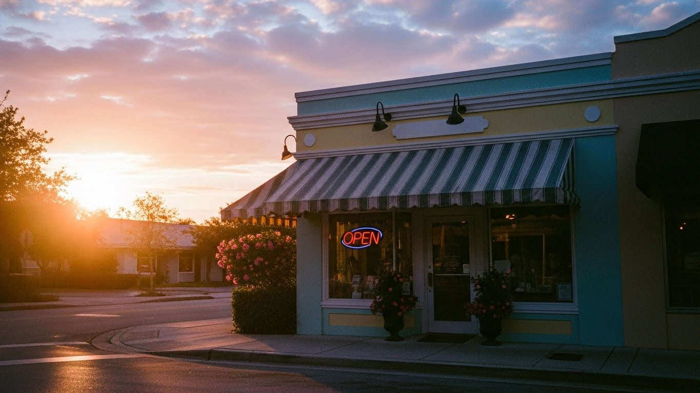 Small-Business-Storefront-in-Florida A Small Business Storefront in Florida During Sunset with an Open Sign in the Window