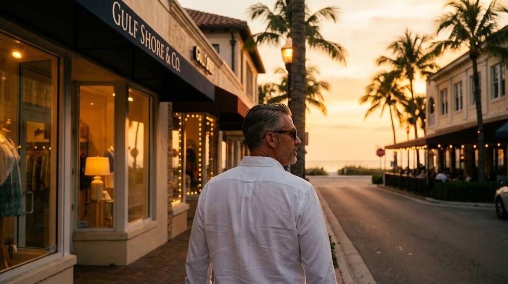 A commercial real estate investor walks down a street of small shops in Naples, Florida.