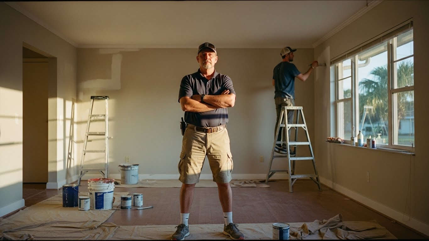 Landlord-Prepares-Property-for-Rent A landlord is inspecting a living room while painters prepare the space for new tenants.