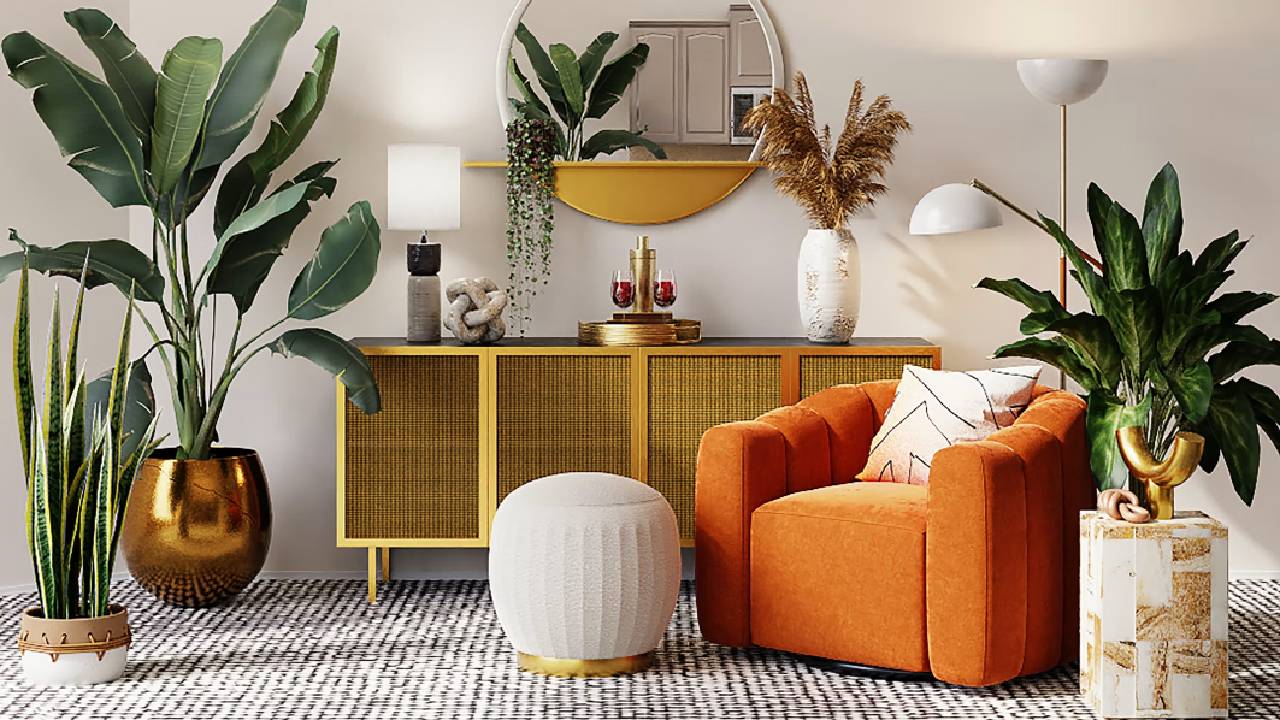 rental-property-interior An orange chair surrounded by interior decoration foliage in a staged rental property living room.